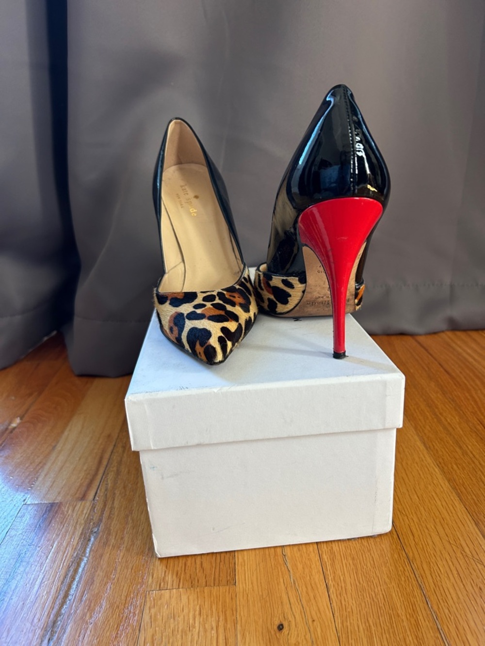 kate spade Leopard Print and Black Patent Pointed Pumps with Red Heel
